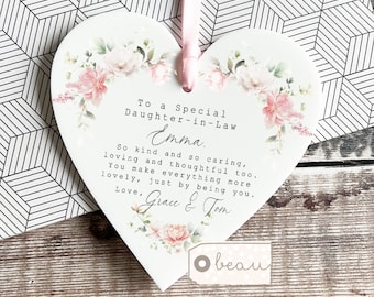 Personalised Special Daughter in law gift Daughter-in-law Pink Floral Foliage Greenery Wreath Acrylic Heart Decoration Ornament Keepsake