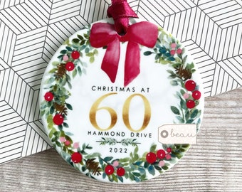 Personalised Christmas at Address New Home Eucalyptus Botanical Greenery Design Ceramic or Acrylic Round Ornament Keepsake
