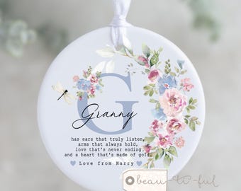 Personalised Grandma Nanna Nana Nanny Birthday gift Mother’s Day Gift Sentiment Botanical Heart Quote Ceramic or Acrylic hanging keepsake