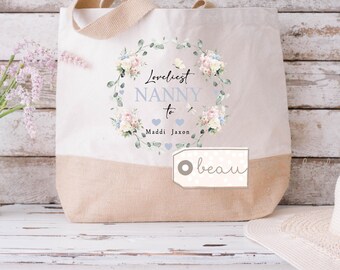 Personalised Loveliest Auntie Mum Grandma Nan Nanna Nanny Name and initial wildflower Mother’s Day Birthday gift Tote Bag Jute Shopping bag
