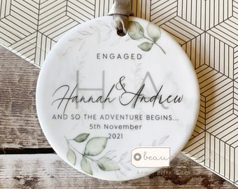 Personalised Engagement gift Names Engaged Foliage Greenery Leaf Ceramic or Acrylic Round Decoration Ornament Keepsake