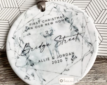 Personalised First Christmas at Address New Home  First home Christmas Deer scene Design Ceramic or Acrylic Round Ornament Keepsake