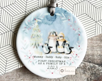 Personalised 1st First Christmas as family of 3 4 5 Penguin Mummy Daddy Mammy Mommy Baby Greenery Acrylic Or ceramic Ornament Keepsake