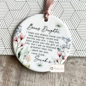 Bono personalizado para hijastra, hijastra, como regalo de novia, gracias, cita, adorno de flores silvestres, recuerdo de boda