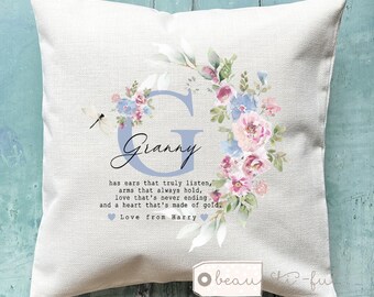 Personalised Grandma Mum Nanna Auntie Mom Mam  Quote pink blue Floral Home Quote Linen Style Cushion cover