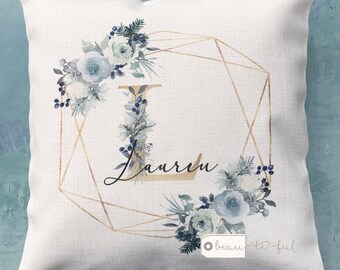 Personalised Name and initial  Blue winter white Floral Design Home Quote Linen Style Cushion cover