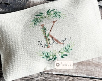 Personalised Name and initial Botanical Floral Design Linen style Fabric Make up Bag Birthday gift for her mum sister friend