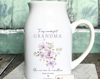 Personalised Floral Ceramic Vase Jug Mug, Mother's Day Gift, Mum Grandma Nanna Birthday Easter