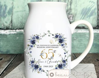 Personalised Blue Sapphire Wedding Anniversary gift 65th 65 Ruby Silver Golden Diamond Anniversary gift Floral Ceramic Small Vase Jug Mug