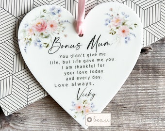 Personalised Bonus Mum Mom Stepmum stepmom Like a mum Thank you Quote pink wildflowers Greenery Acrylic heart Ornament Wedding Keepsake