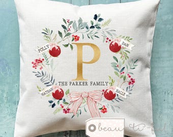 Personalised Christmas Family cushion Wreath Bauble Family gift Foliage Greenery Home Quote Linen Style Cushion cover