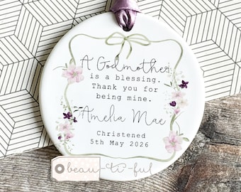 Personalised Thank you Godmother Godfather Godparents Gift Christening Baptism Quote greenery Ceramic or acrylic Round Ornament Keepsake