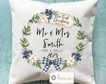 Personalised Our First Christmas Married Gift Newlyweds Bride Groom New home house gift Greenery Wreath Home Linen Style Cushion