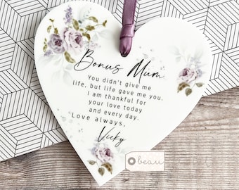 Personalised Bonus Mum Mom Stepmum stepmom Like a mum Thank you Quote Lilac rose Greenery Acrylic heart Ornament Wedding Keepsake
