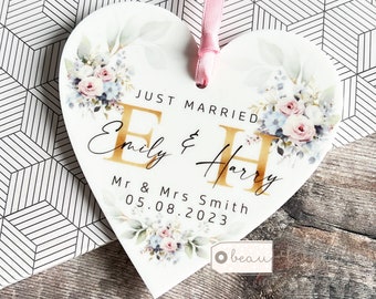 Personalised Just Married Gift Mr & Mrs Wedding Gift Newlyweds Pink Blue Roses Greenery Acrylic Heart Decoration Ornament Keepsake
