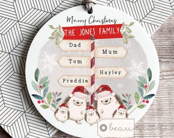 Personalised Family Christmas gift Woodland Hedgehog animal Signpost Bauble Ornament Keepsake Tree Bauble decoration Personalised tree gift