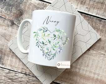 Personalised  This Nanny is loved by…. Mum Nan Nanna Grandma Gift pink Greenery Heart Ceramic Mug Gift mug Nanny Gran Auntie