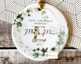 Personalised First Christmas Married Wedding gift Mr Mrs Newlywed couple Ivy Design tree bauble Ceramic or Acrylic Round Ornament Keepsake