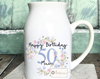 Personalised Birthday gift Special Birthday Milestone 21 30 40 50 60 70 Any age gift Wildflower Floral Ceramic Small Vase Jug Mug gift