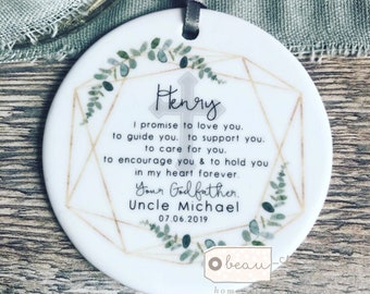 Personalised Promise to Godchild Christening Baptism Gift Godson Goddaughter Godchild Greenery Ceramic or acrylic Round Ornament Keepsake