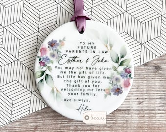 Personalised Future Wonderful Mother parents in law gift wedding Blush purple Greenery Ceramic or acrylic Round Decoration Ornament Keepsake