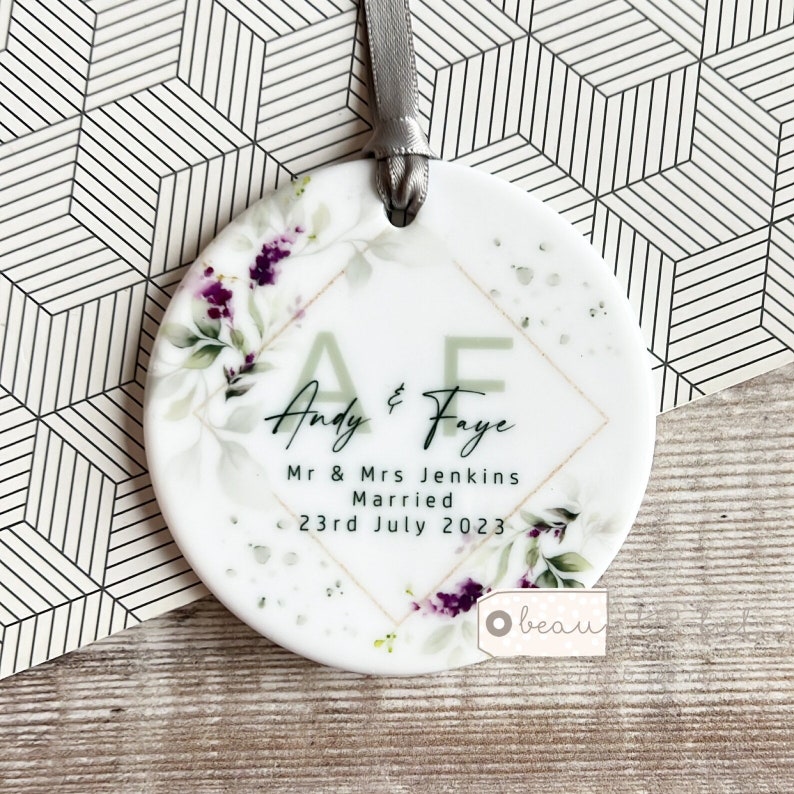 Personalised Just Married Gift Mr & Mrs Wedding Newlywed Bride Groom Eucalyptus Greenery Ceramic or acrylic Round Ornament Keepsake Lavender