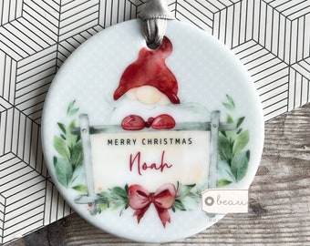 Personalised Merry Christmas Gift Santa Gnome Signpost Design ceramic or acrylic Round Ornament Keepsake Tree Decoration Child boy girl gift