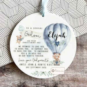 Personalised Promise to Godchild Christening Baptism Gift Baby Godson Grandson Boy Teddy Bear Balloon Ceramic or acrylic Ornament Keepsake