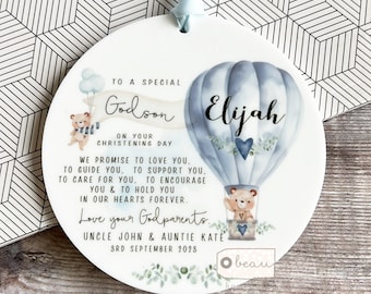 Personalised Promise to Godchild Christening Baptism Gift Baby Godson Grandson Boy Teddy Bear Balloon Ceramic or acrylic Ornament Keepsake