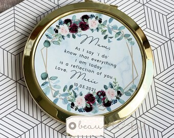 Personalised Mother of Bride Groom As I say I do Thank you Quote Burgundy Floral Geometric Rose Gold Compact Pocket Mirror Wedding Keepsake