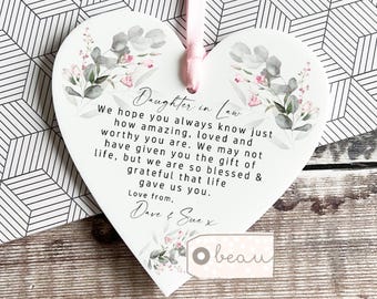 Personalised Daughter in law gift Daughter-in-law Pink Floral Foliage Greenery Wreath Heart Decoration Ornament Keepsake