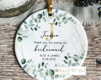 Personalised Thank you Bridesmaid Flower Girl Maid of Honour Geometric Greenery Ceramic or Acrylic Decoration Ornament Wedding Keepsake