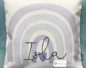 Personalised Name Lilac Pastel Rainbow Design Home Quote Boho Linen Style Cushion cover