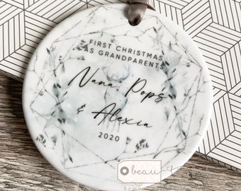 Personalised First Christmas as Grandparents Gran Grandma Nanna New Baby Christmas Deer scene Ceramic or Acrylic Round Ornament Keepsake