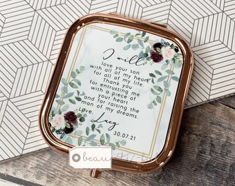 Personalised Mother of Bride Groom I will love your son daughter Thank you Quote Burgundy floral  Gold Compact Pocket Mirror Wedding Gift