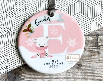 Personalised First Christmas gift Baby Babies Baby’s Boy Girl Newborn Bear Snowflake Design Ceramic or Acrylic Round Ornament Keepsake