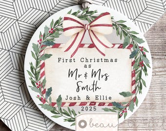 Personalised First Christmas Married Gift Wedding gift Mr Mrs Newlywed Bride Groom Botanical Greenery Ceramic or Acrylic Ornament Keepsake