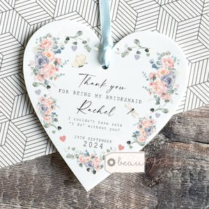 Personalisierte Danke Brautjungfer Blumenmädchen Trauzeugin Pfirsich Rosen Greenery Design Acryl Herz Dekoration Verzierung Hochzeits-Andenken
