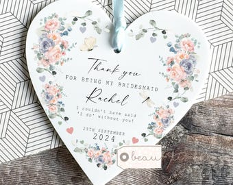 Personalised Thank you Bridesmaid Flower Girl Maid of Honour peach roses Greenery Design Acrylic Heart Decoration Ornament Wedding Keepsake