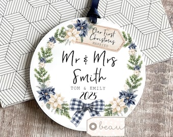 Personalised First Christmas Married Gift Wedding gift Mr Mrs Newlywed Bride Groom Botanical Greenery Wedding gift Bauble Ornament Keepsake