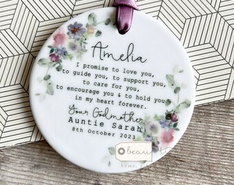 Godparent Godmother Promise to Godchild Christening Baptism Gift Baby Boy Girl Laurel Greenery Ceramic or acrylic Round Ornament Keepsake