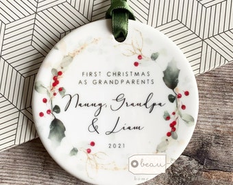 Personalised First Christmas as Grandparents Gran Grandma Nanna New Baby Holly Design Ceramic or Acrylic Round Ornament Keepsake