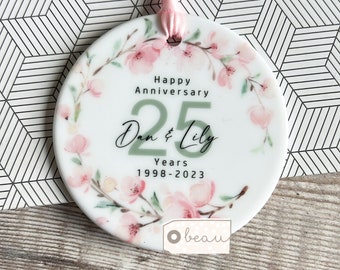 Personalised Wedding Anniversary Gift Mr & Mrs 25th 50th 1st 40th 35th Pink blossom Ceramic or Acrylic Round Decoration Ornament Keepsake