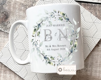 Personalised Wedding Mug gift, Mr Mrs, Bride Groom, Just Married Gift, Greenery Wreath, Gift for couple