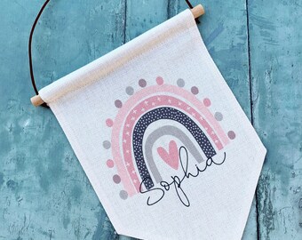 Personalised Name Pink Grey Pastel Rainbow Design Home Quote Boho Linen Style Pennant Flag Room Decor