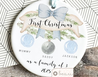 Personalised 1st First Christmas as family of 3 4 5 Bauble Mummy Daddy Mammy Mommy New parents Baby Greenery Ornament Keepsake pale blue