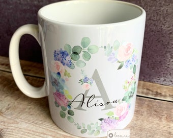 Personalised Name and initial Lilac floral Mug - Gift mug - Tea mug- Coffee mug