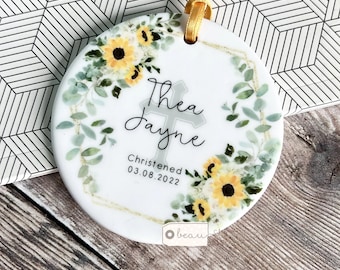 Personalised Christening Baptism gift Baby Boy Girl Goddaughter Godson Sunflower floral Design Ceramic or Acrylic Round Ornament Keepsake