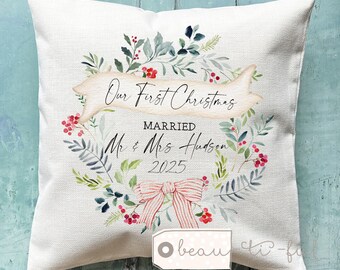 Personalised Our First Christmas Married Gift Newlyweds Bride Groom New home house gift Greenery Wreath Home Linen Style Cushion