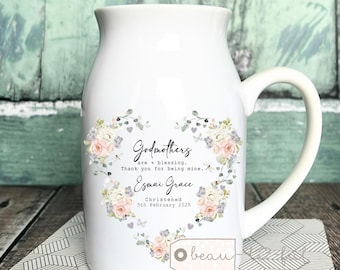Personalised Godmother Godfather Godparents Gift Thank you Christening Baptism Quote Greenery Peach Floral Heart Small mug jug vase gift